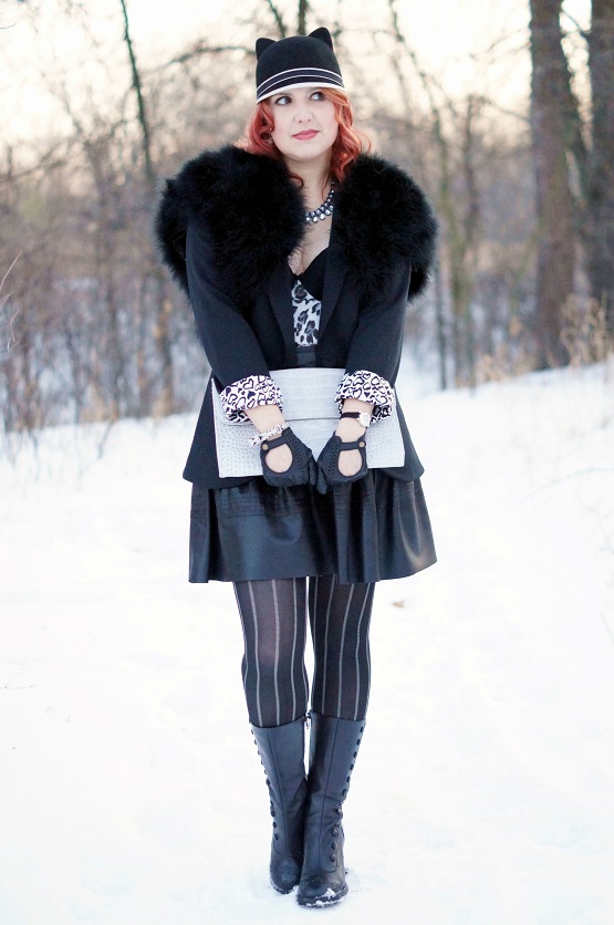 Winnipeg Fashion Blog, Canadian Fashion Blog, Vedette Shapewear Angelique Animal print body suit, Jessica cropped black turkey feather chubby cardigan shrug coat, Claire